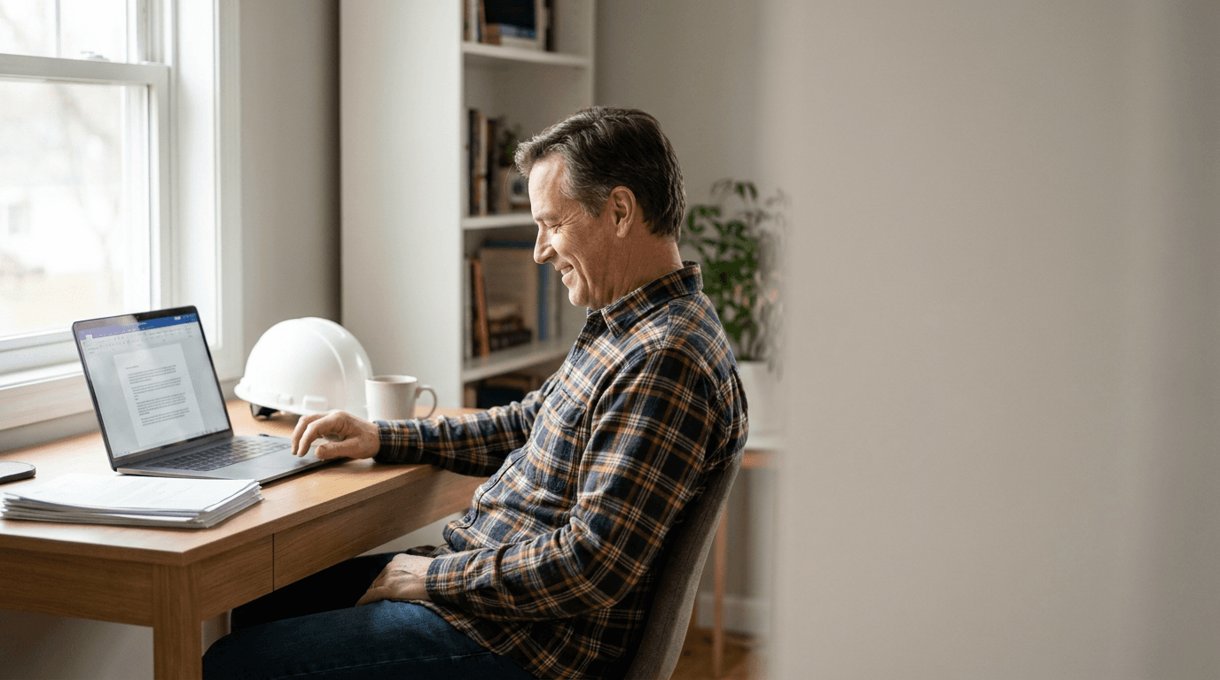 A small-business contractor reviewing plans at his desk, calm and satisfied