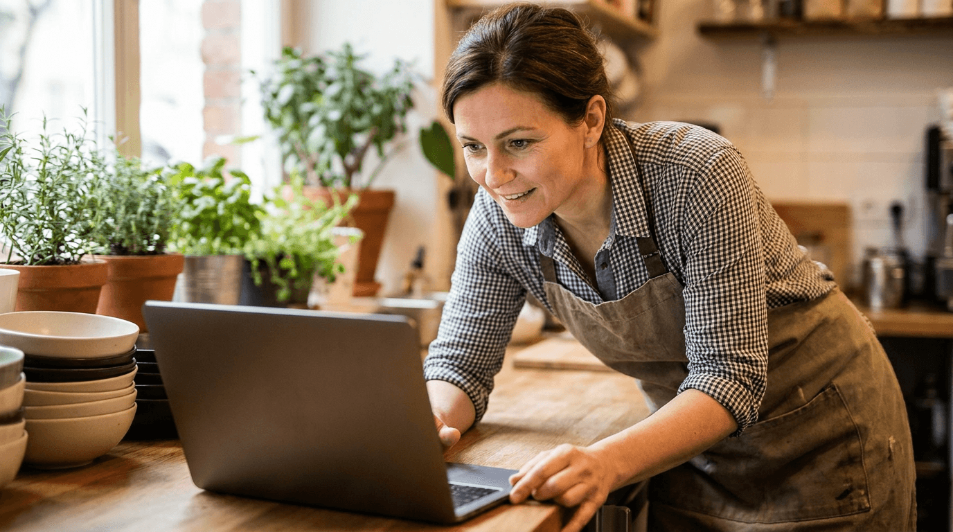 A local restaurant owner looking hopefully at a laptop in her kitchen