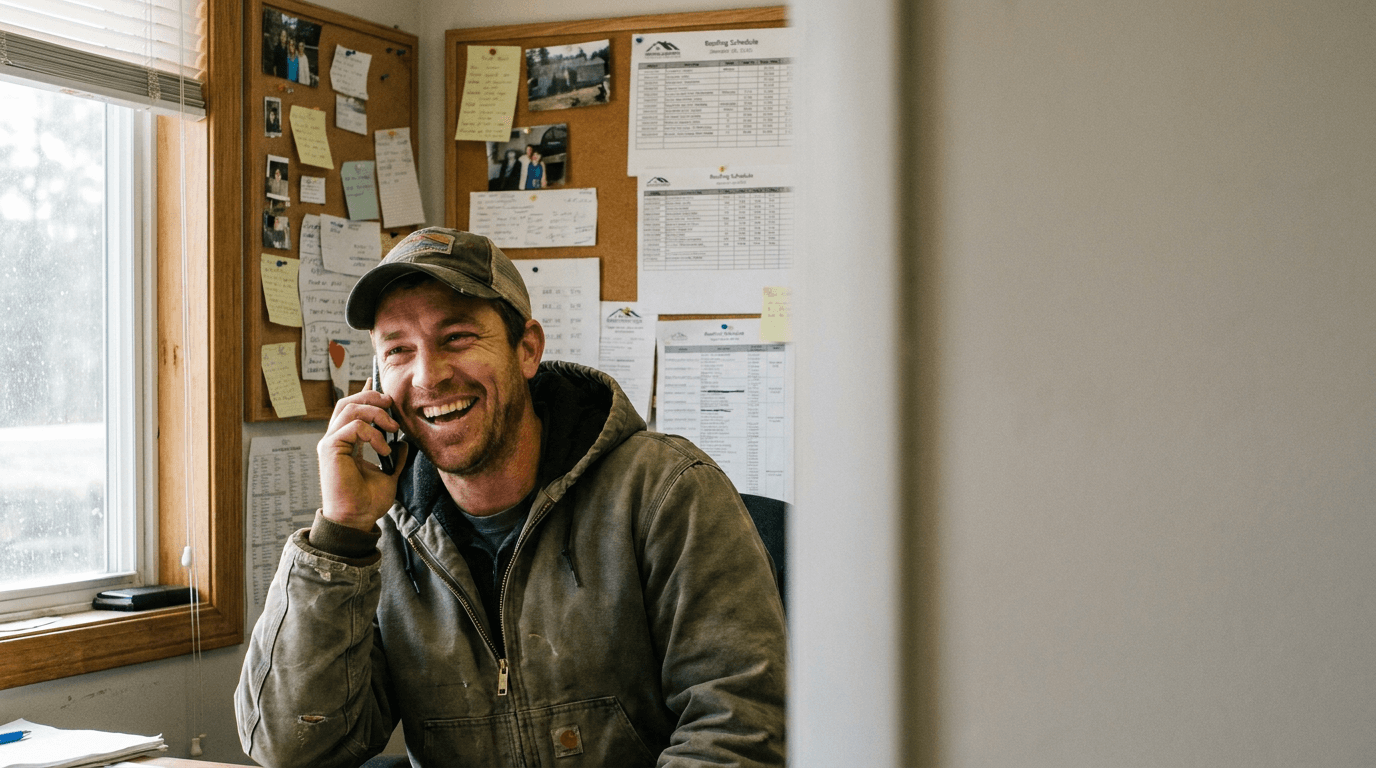 A local roofing business owner taking a booking call in his shop, smiling